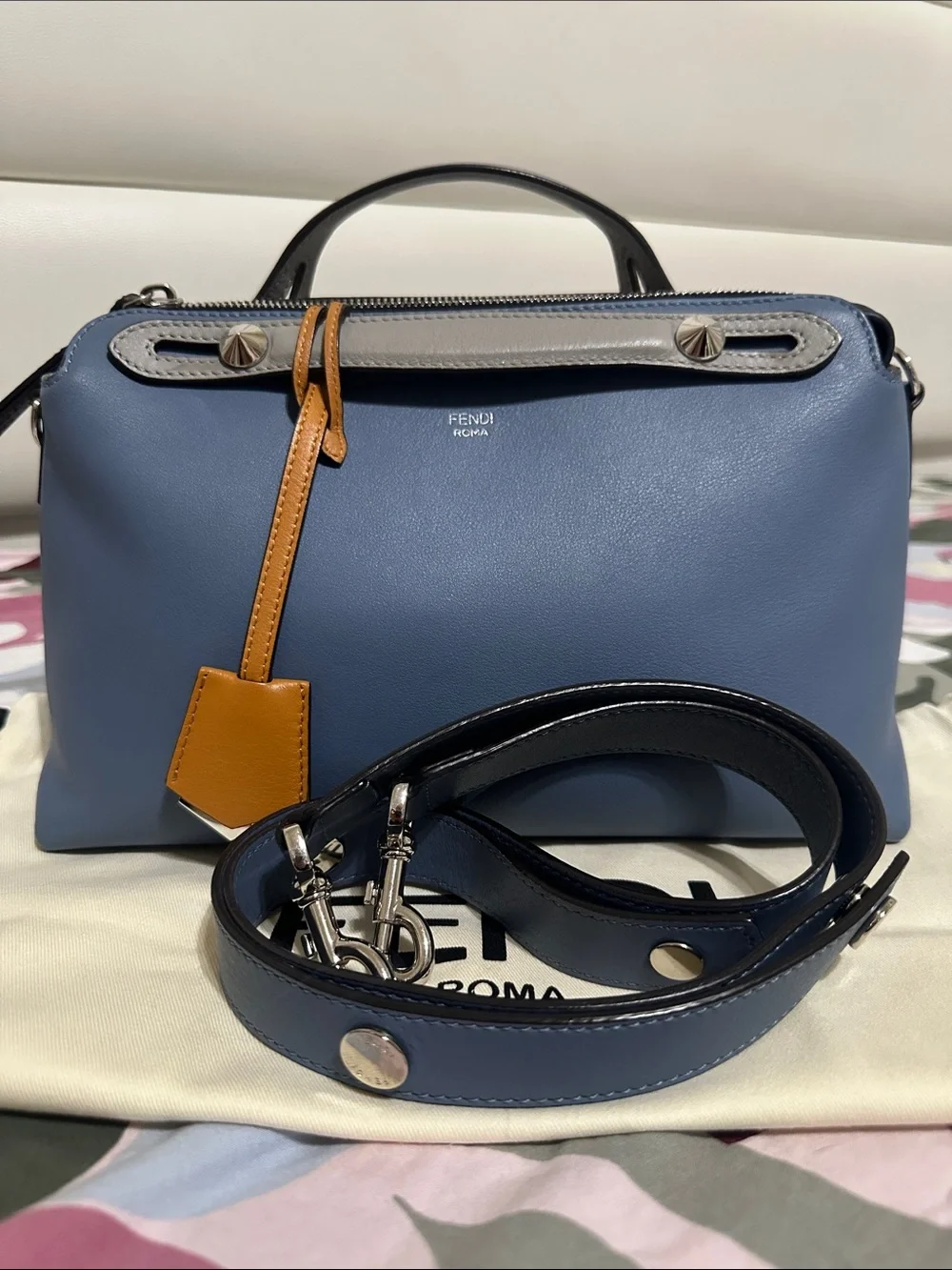 Fendi Blue Leather Satchel with Tan Accent